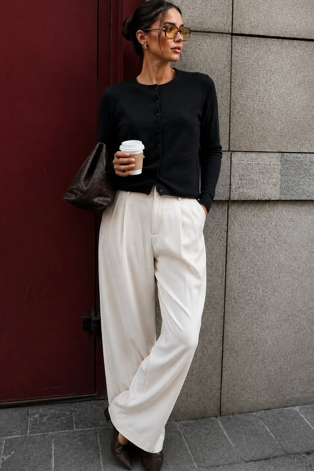 Button Detail Basic Textured Black Blouse