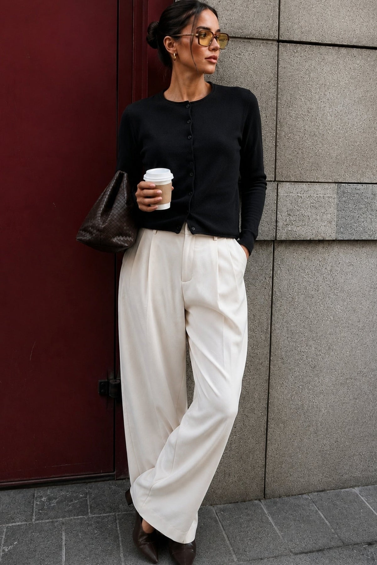 Button Detail Basic Textured Black Blouse