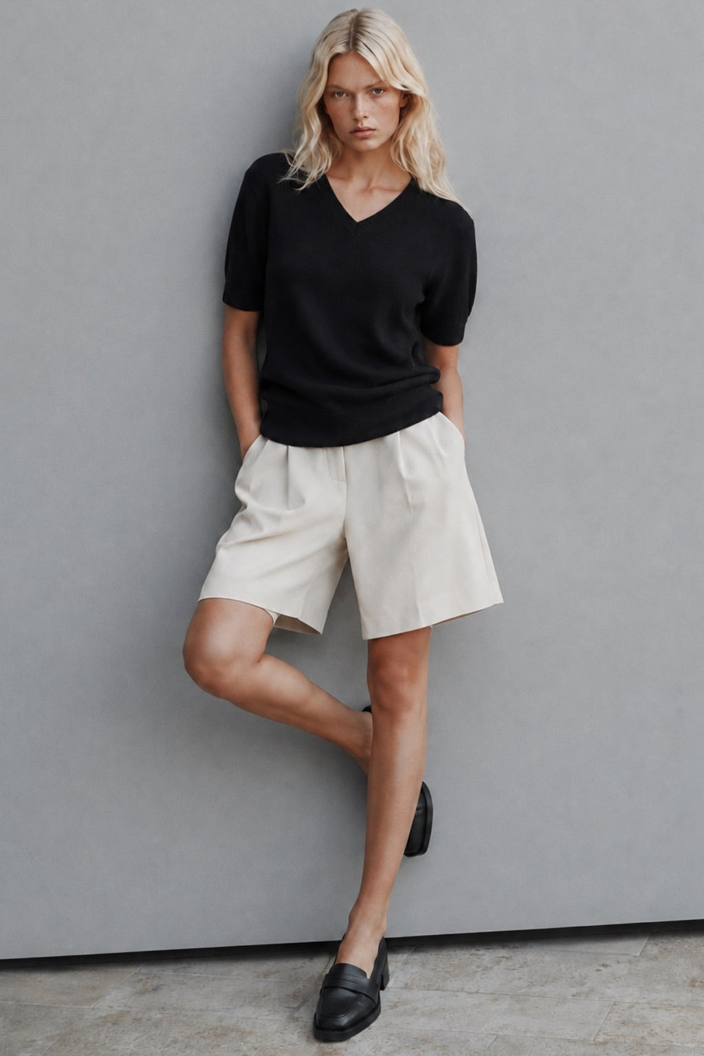 V-Neck Short Sleeve Textured Black Blouse