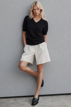 V-Neck Short Sleeve Textured Black Blouse