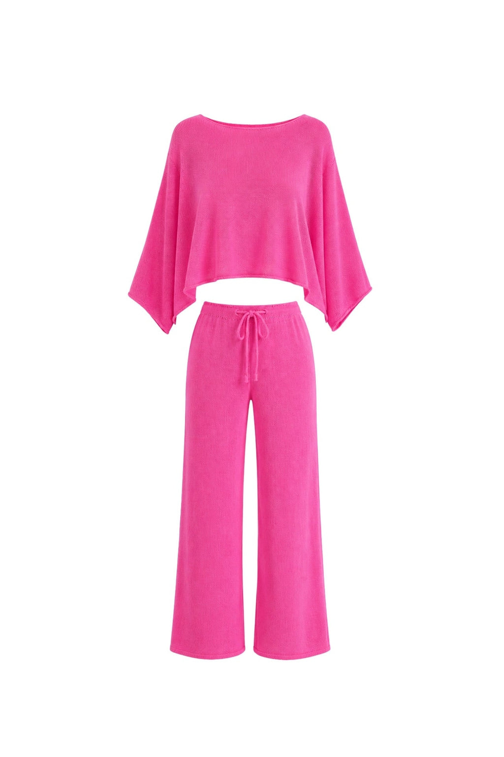 Textured Boat Neck Asymmetrical Blouse Trousers Pink Two-Piece Set