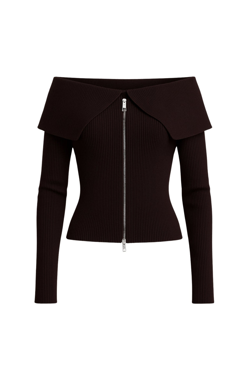 Off-Shoulder Neckline Brown Zip-Up Knit Blouse
