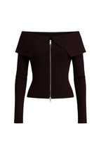Off-Shoulder Neckline Brown Zip-Up Knit Blouse