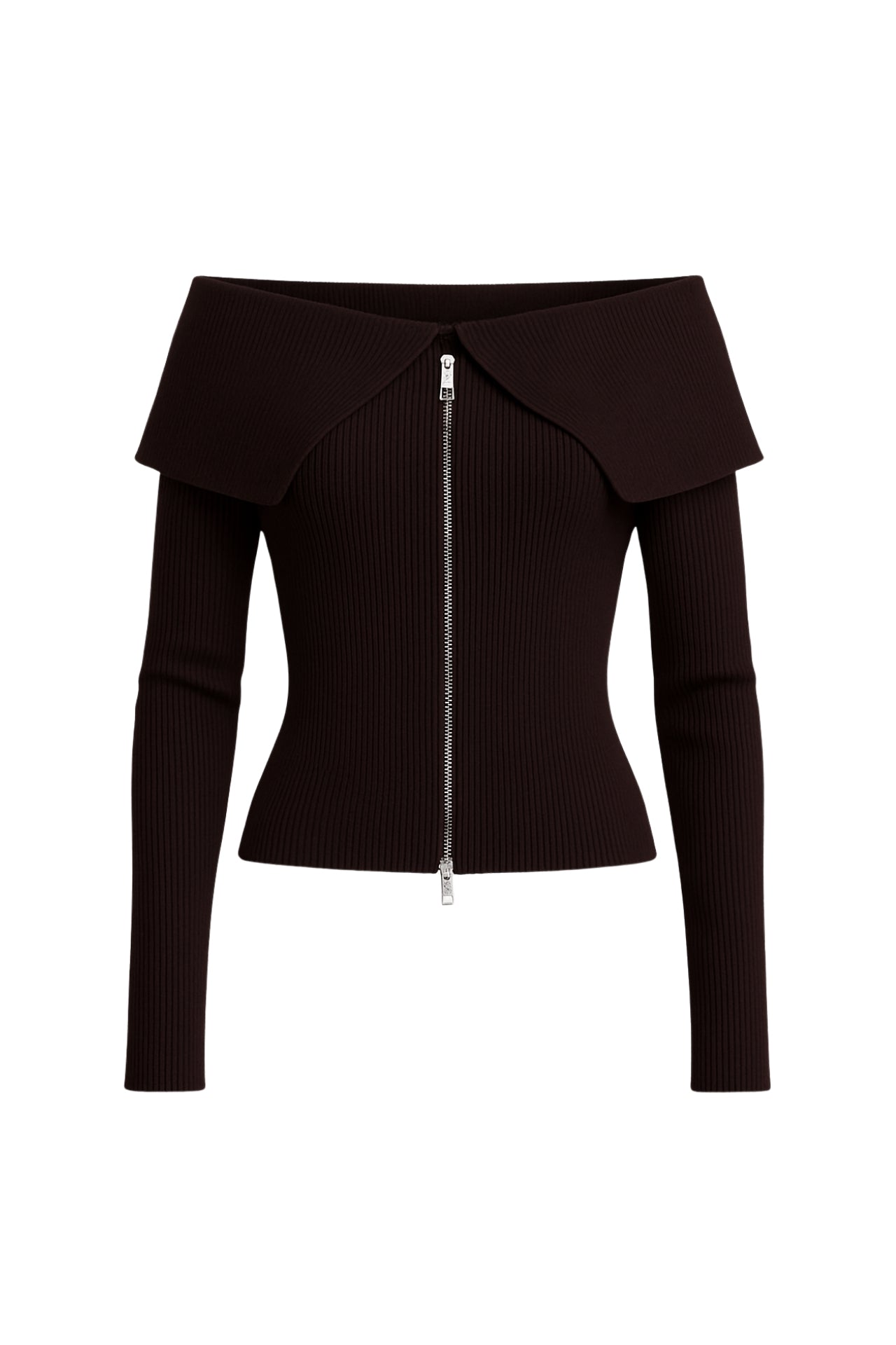 Off-Shoulder Neckline Brown Zip-Up Knit Blouse