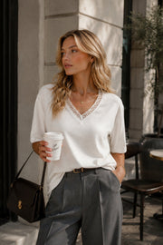 V-Neck Lace Detail White Knit Blouse