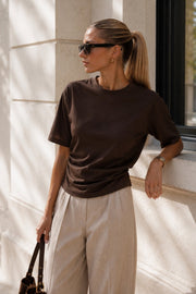 Waist Shirred Basic Brown T-Shirt