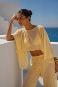 Yellow Two-Piece Set with Wide Collar Crop Transparent Blouse and High Waist Pants