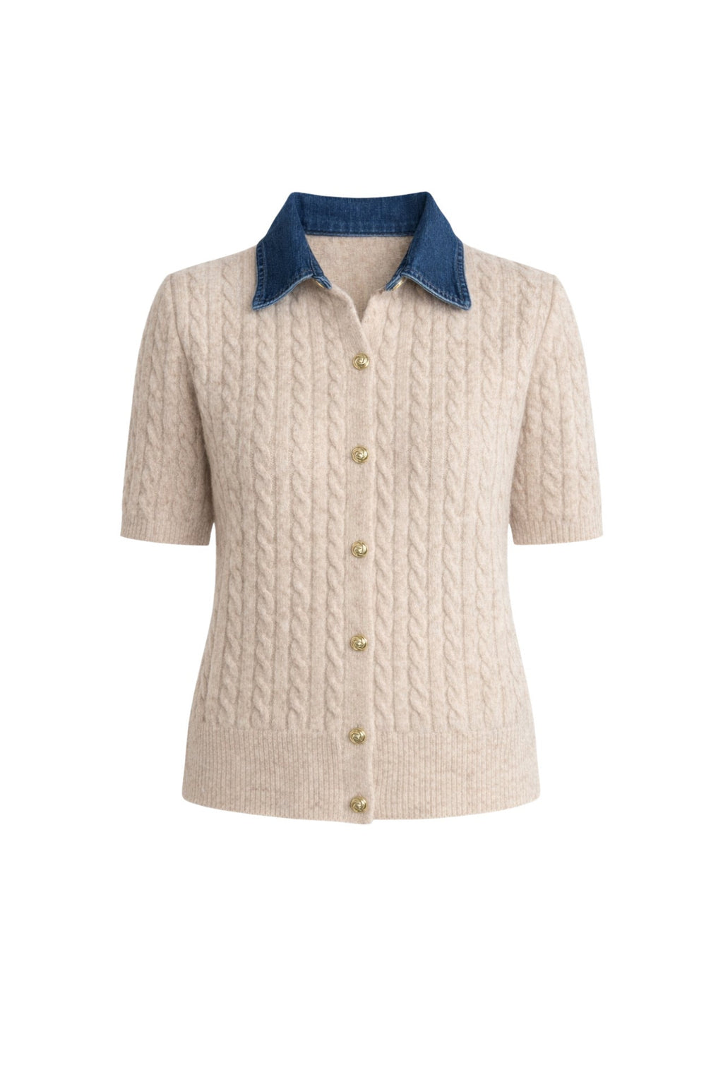 Denim Collar Gold Buttoned Half Sleeve Beige Knit Blouse