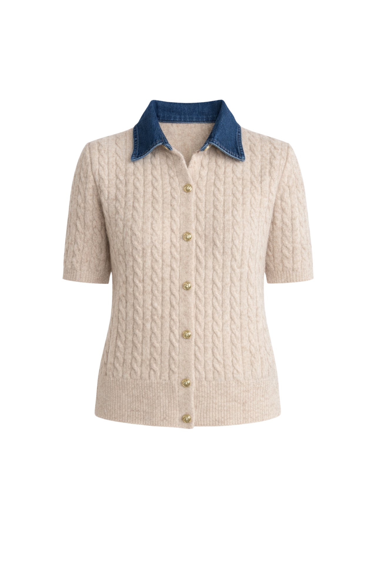 Denim Collar Gold Buttoned Half Sleeve Beige Knit Blouse