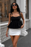 Spaghetti-Strap Ruched Betay Black Balon Blouse