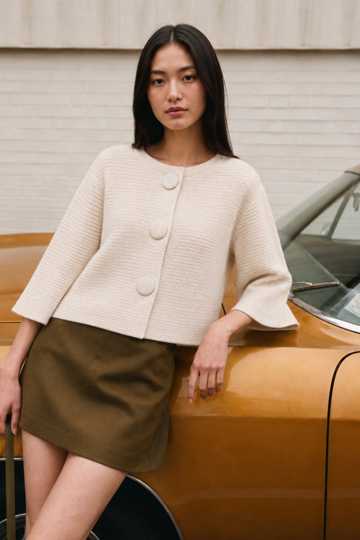 Button Detail Yarasa Sleeve White Knit Cardigan