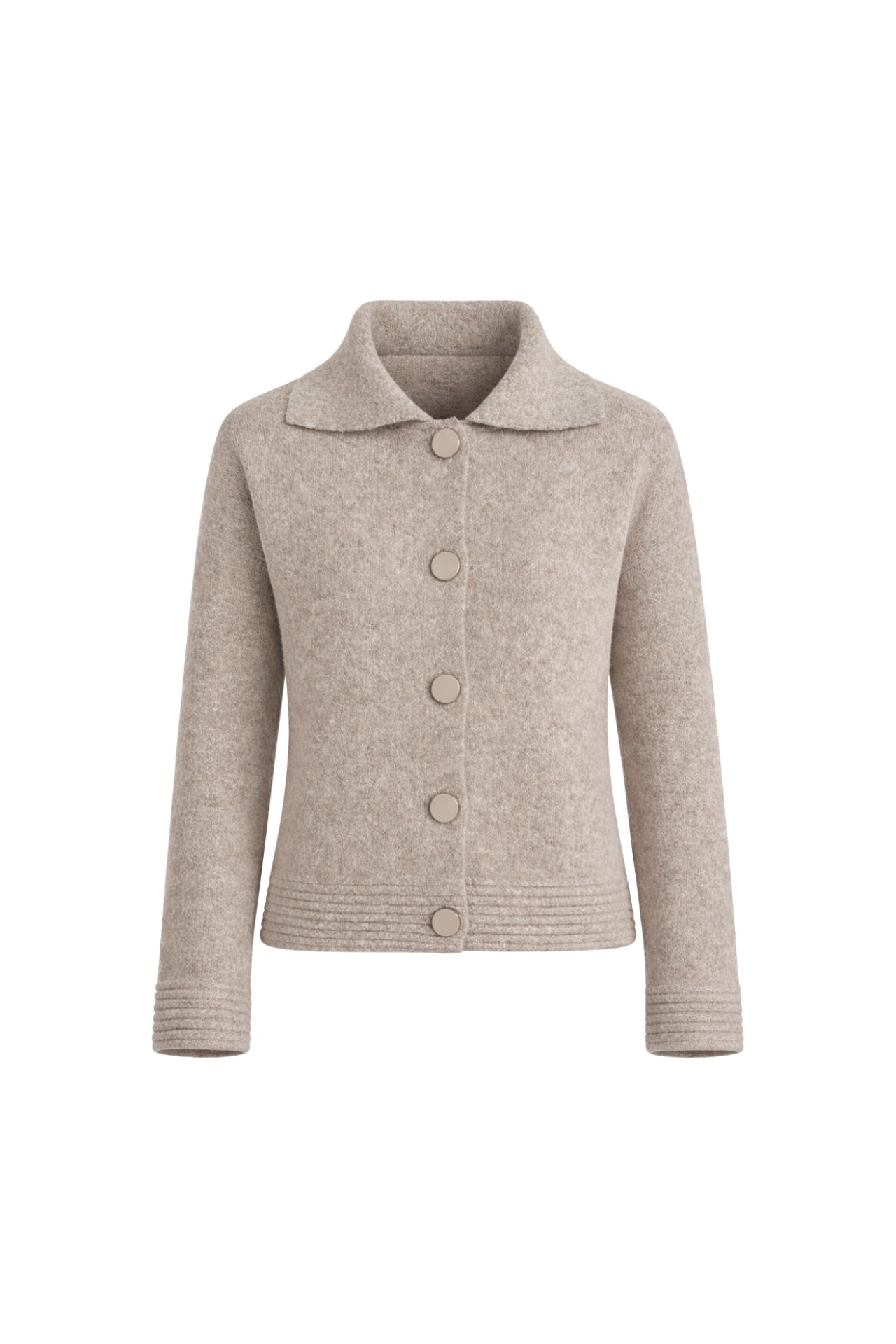Polo Collar Button Detail Beige Knit Cardigan