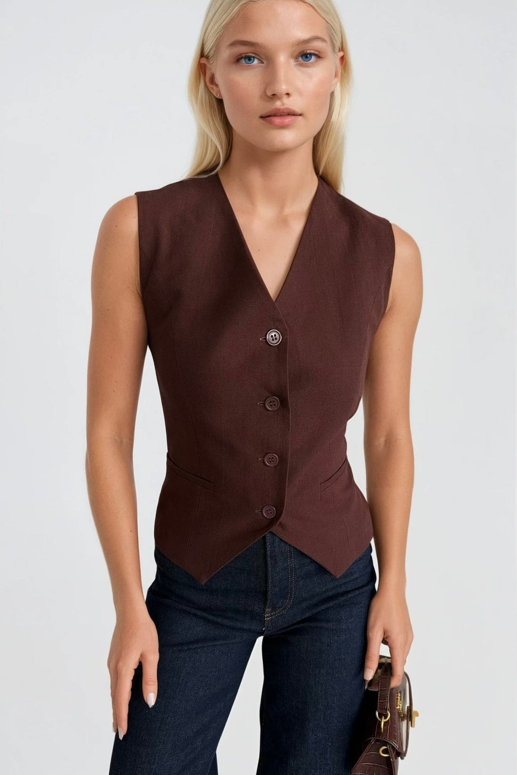 Welt Pocket Buttoned Brown Vest