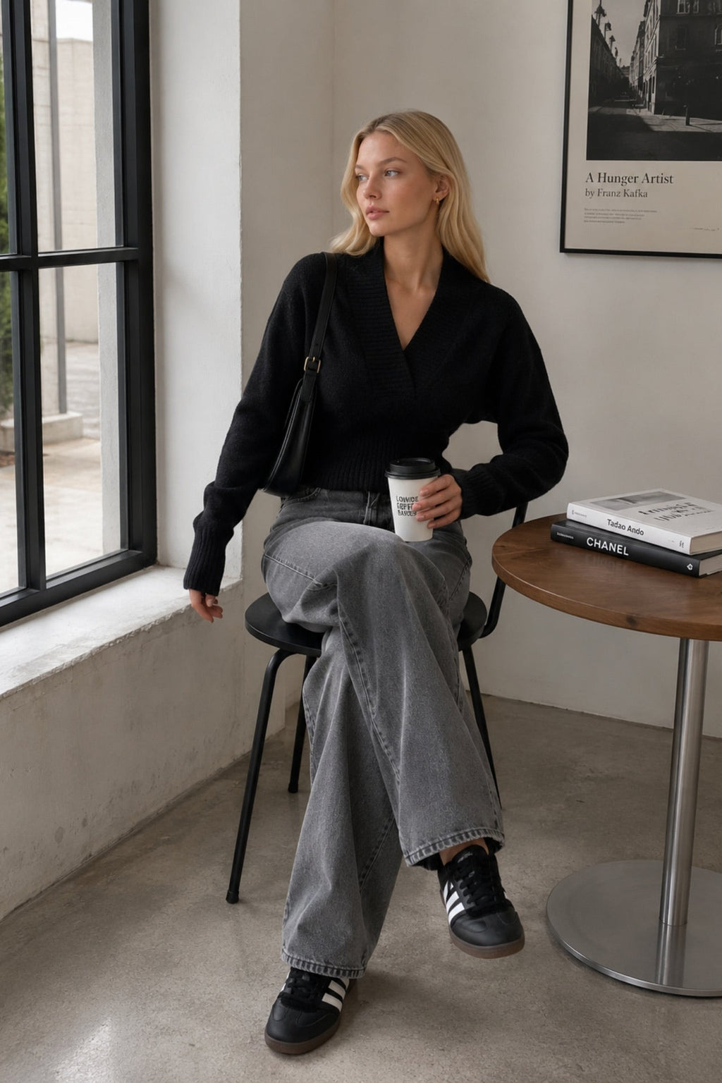 V-Neck Waist Fitted Black Knitwear Sweater