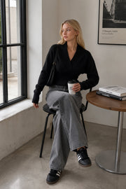 Black Knitted Sweater with V-Neck and Defined Waist