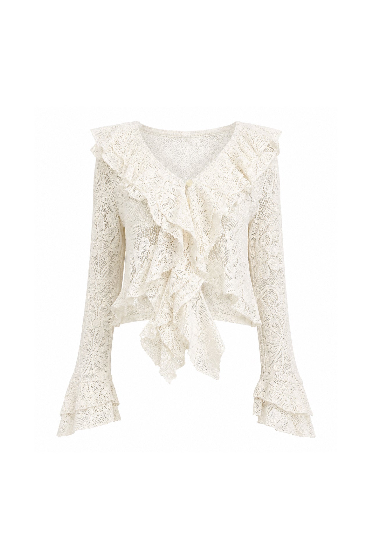 Ruffle Detail Flounce Sleeve Ecru Guipure Blouse