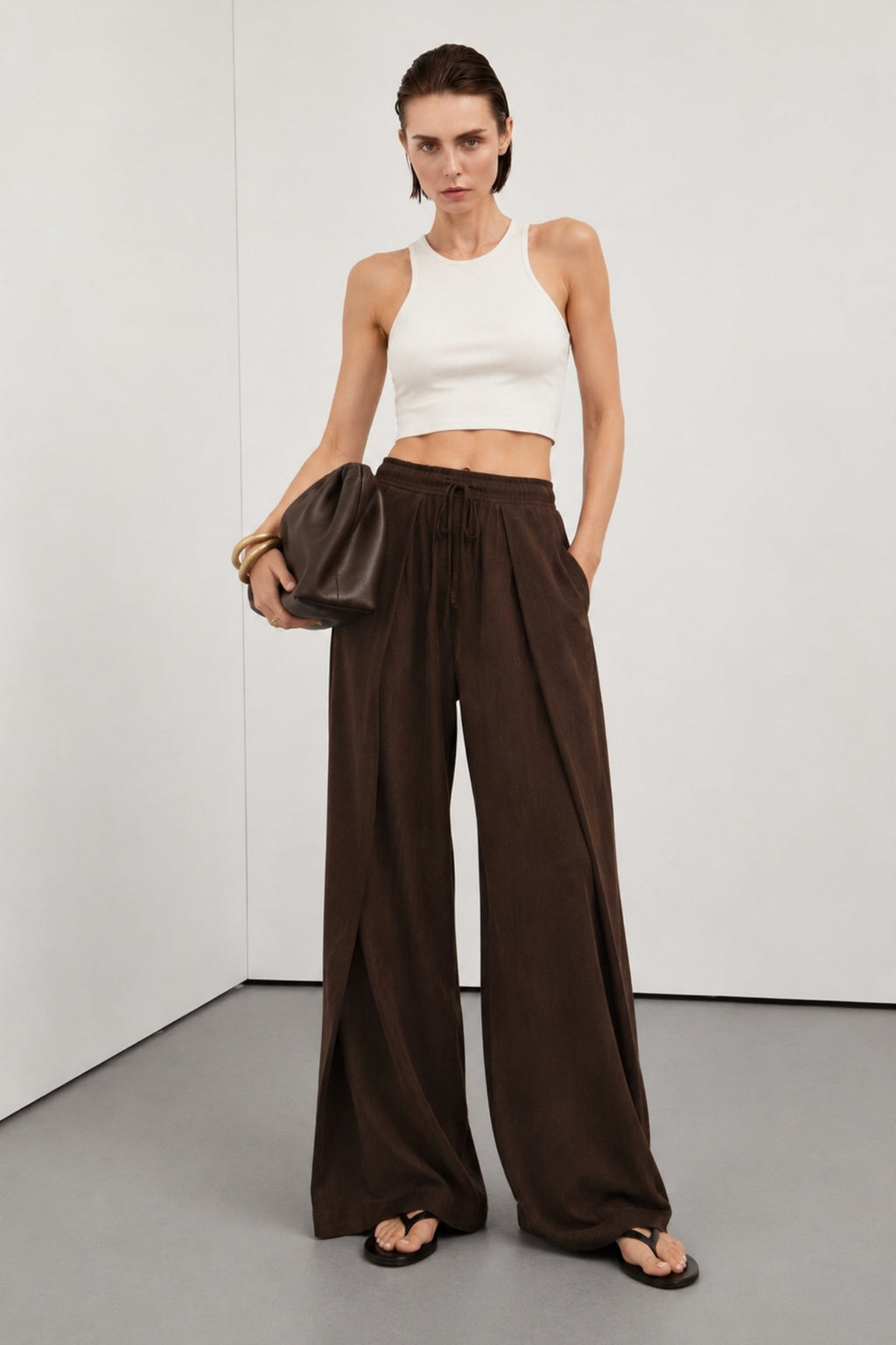 Pile Detail Lace-Up Brown Linen Trousers
