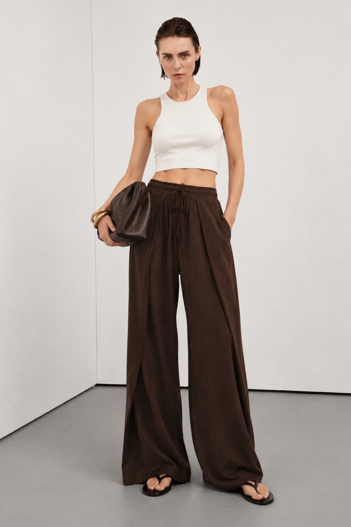 Pile Detail Lace-Up Brown Linen Trousers