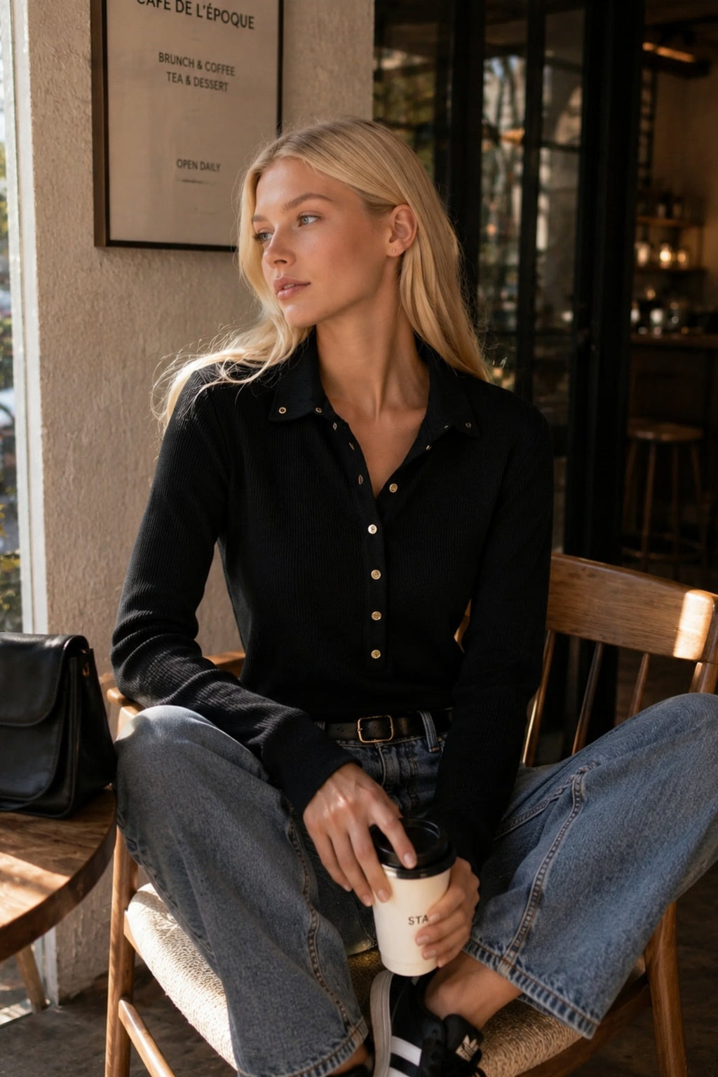 Black Knitted Blouse with Polo Neck and Snap Fasteners