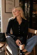 Black Knitted Blouse with Polo Neck and Snap Fasteners