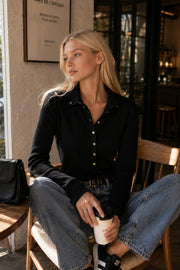 Polo Neck Snap Button Black Knit Blouse