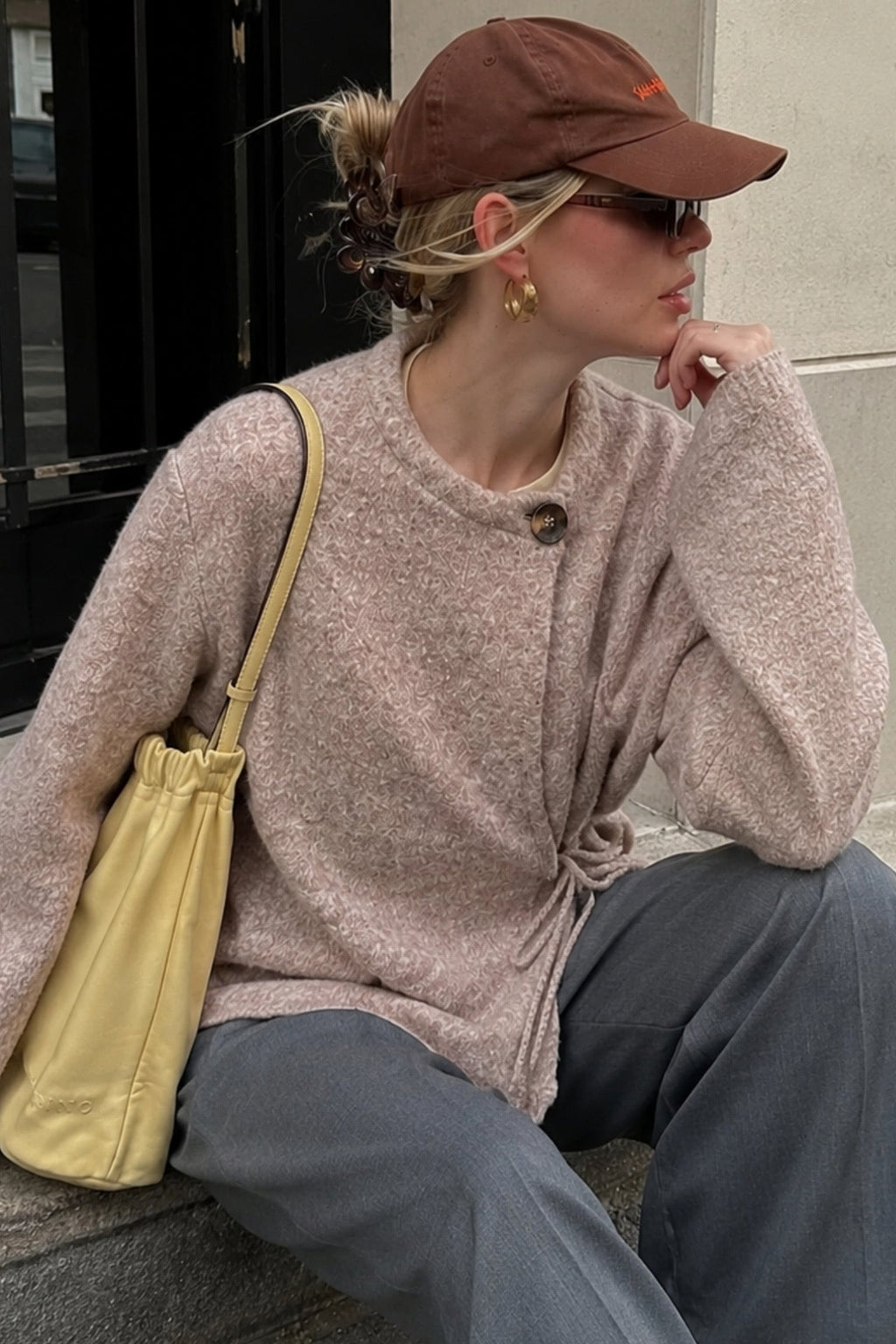 Button Detail Tie-Detail Beige Knit Cardigan