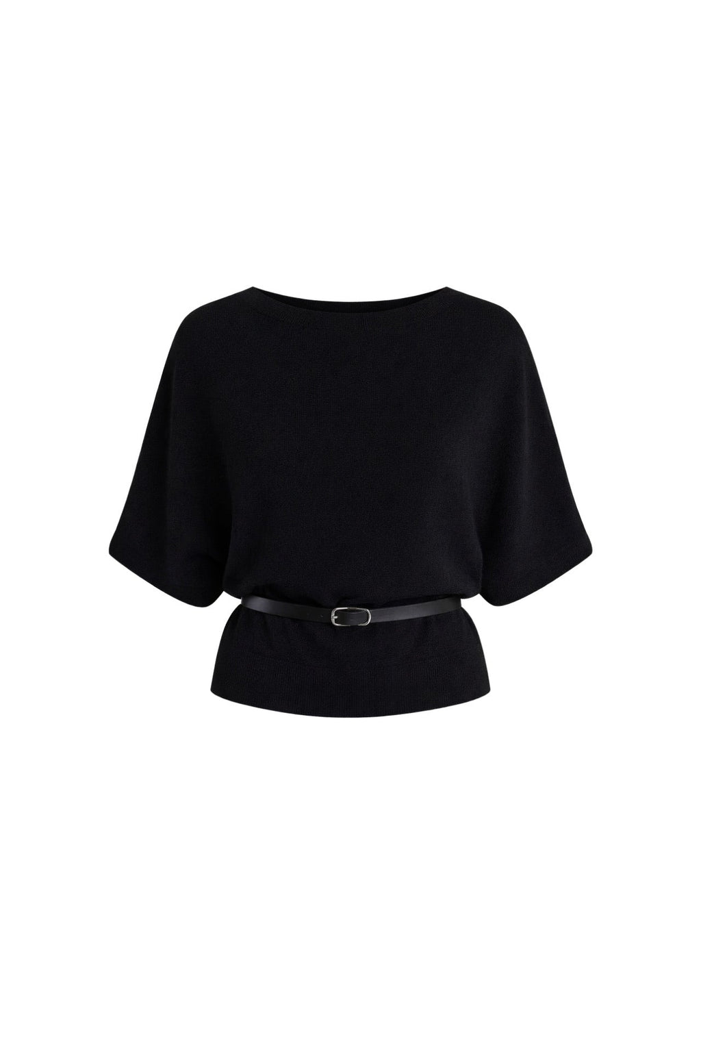 Belt Detail Short Sleeve Boat Neck Black Knit Blouse
