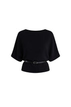 Belt Detail Short Sleeve Boat Neck Black Knit Blouse