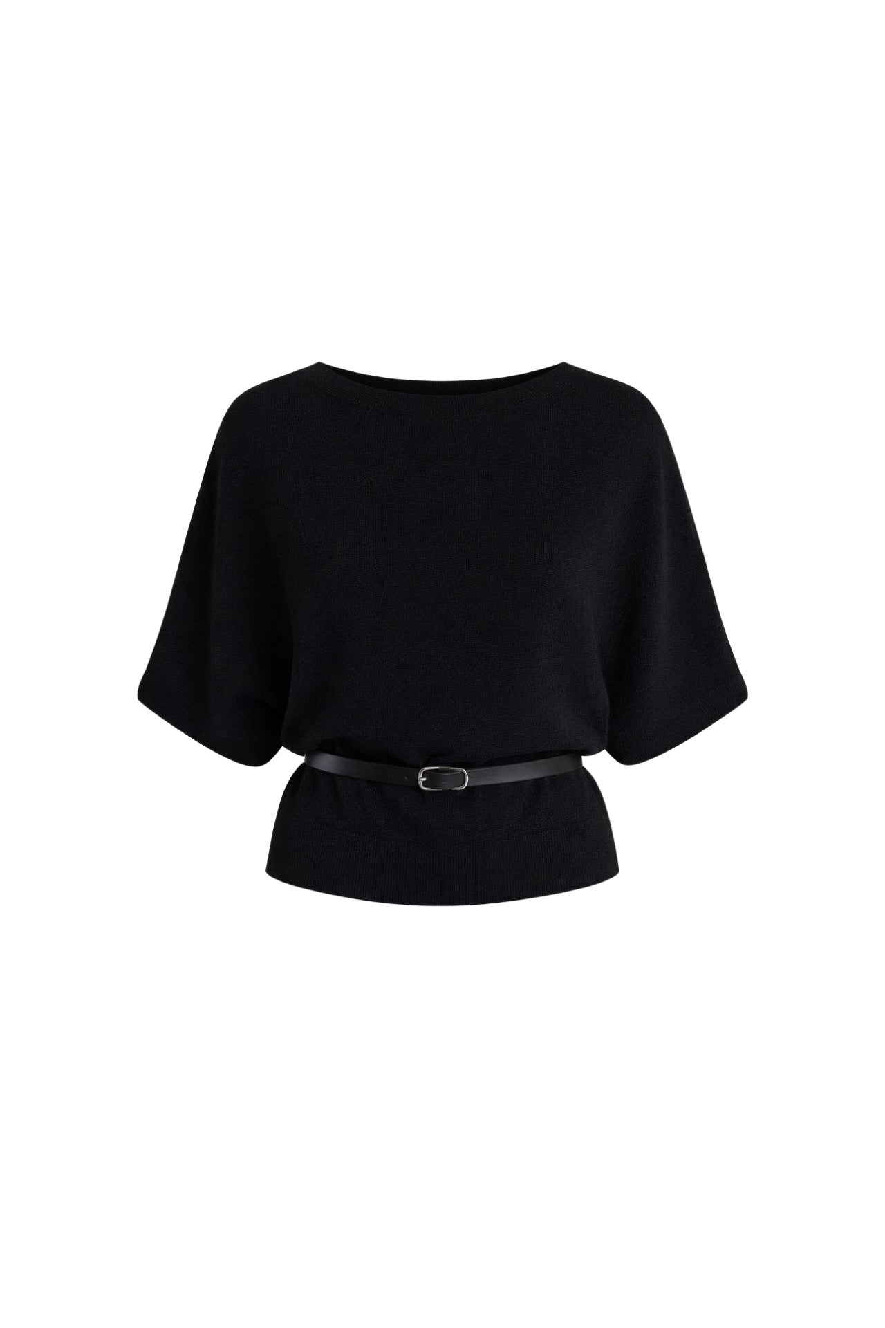 Belt Detail Short Sleeve Boat Neck Black Knit Blouse