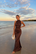 Cowl Neck Maxi Brown Satin Dress