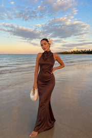 Cowl Neck Maxi Brown Satin Dress