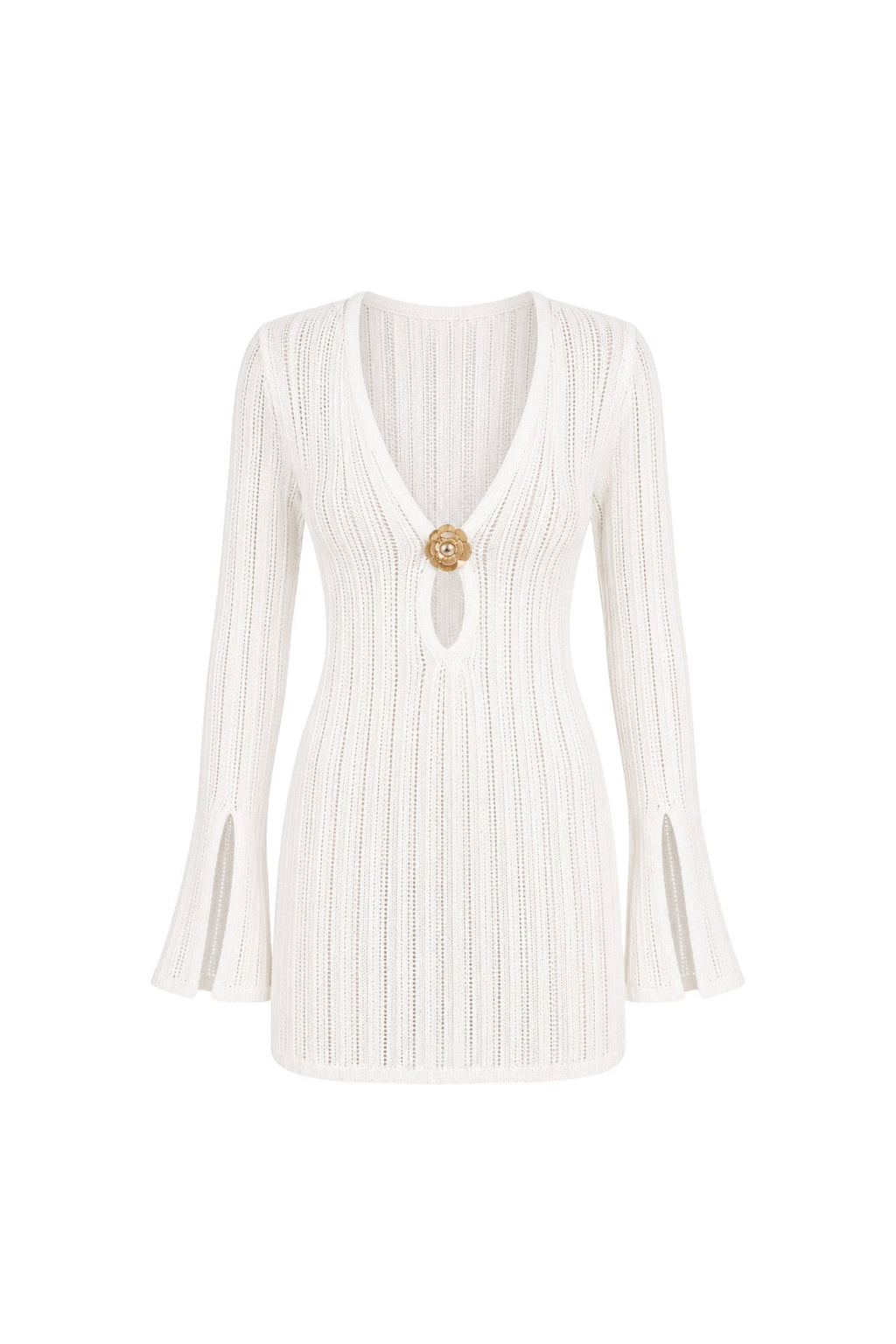 Ecru Knit Dress with Flounced Sleeves and Accessory Detail