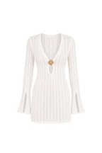 Ecru Knit Dress with Flounced Sleeves and Accessory Detail