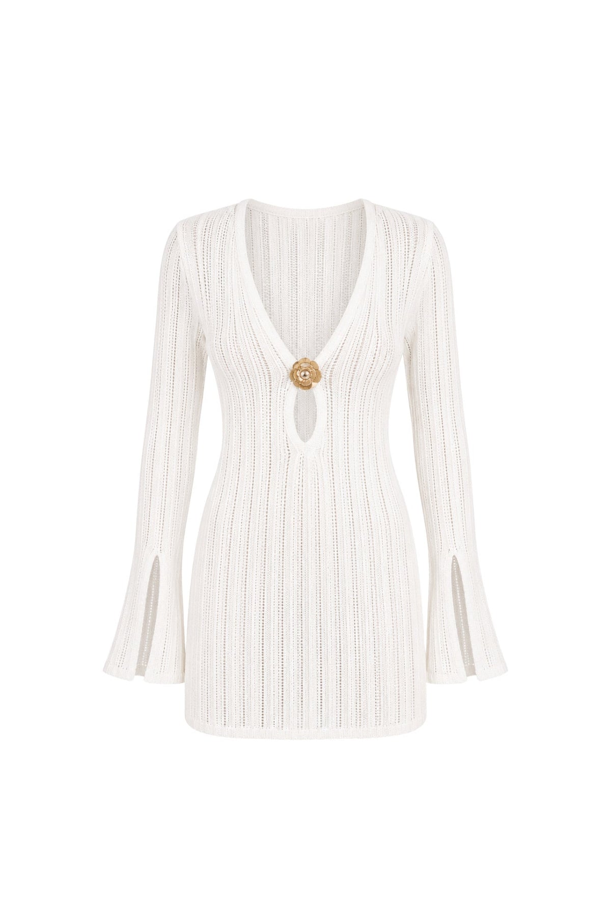 Ecru Knit Dress with Flounced Sleeves and Accessory Detail