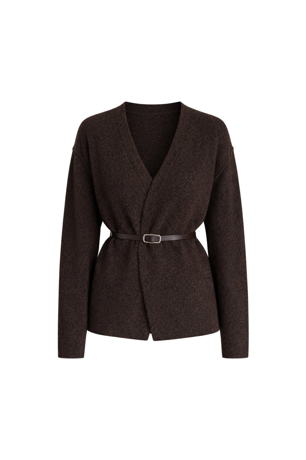 Belt Detail Wrap Collar Brown Knit Cardigan