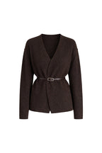 Belt Detail Wrap Collar Brown Knit Cardigan