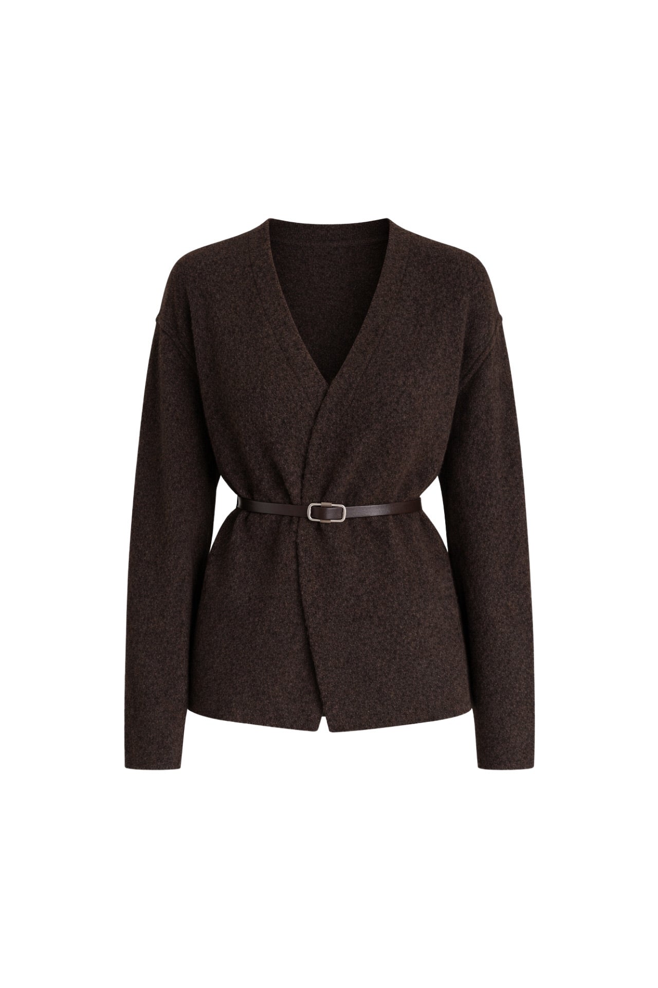 Belt Detail Wrap Collar Brown Knit Cardigan