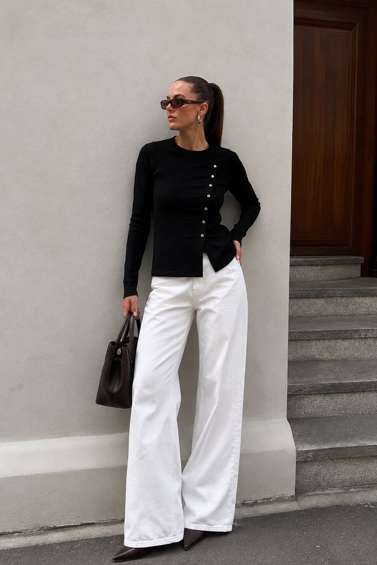 Asimetrik Button Detail Long Sleeve Black Knit Blouse