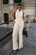 Neck Tie Detail Blouse Trousers Two-Piece Beige Keten Set
