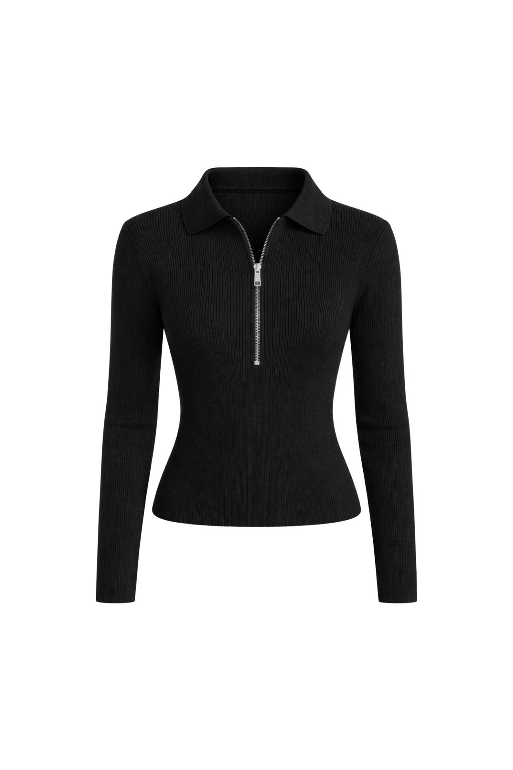 Polo Collar Zipper Detail Black Knit Blouse