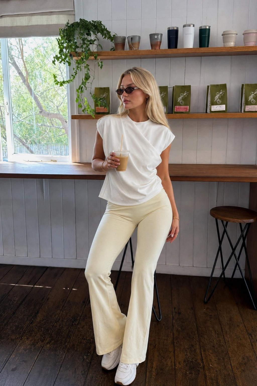 Ruched Shoulder Sleeveless White Blouse
