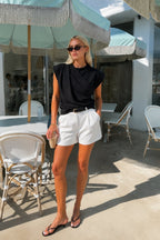 Ruched Shoulder Sleeveless Black Blouse
