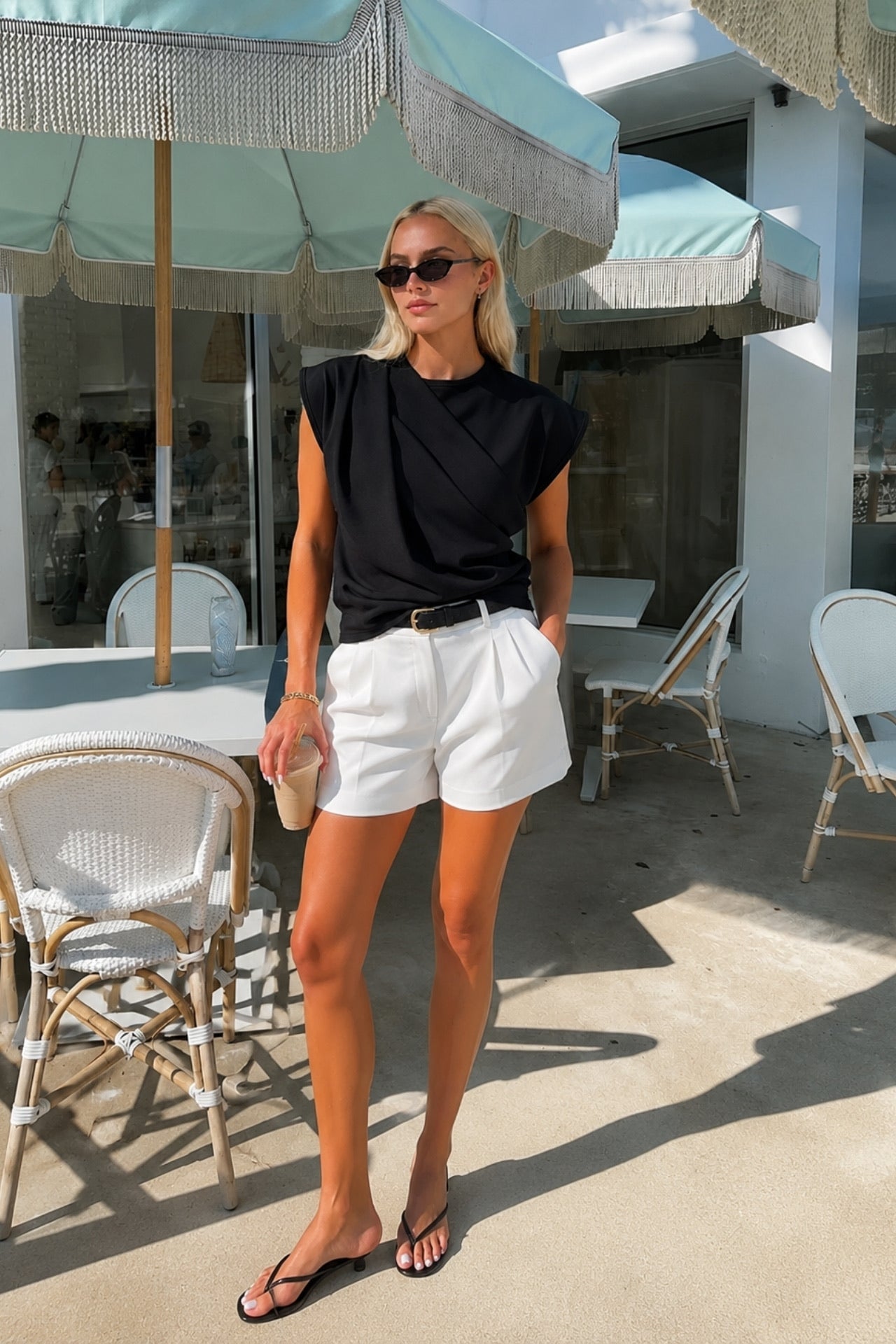 Ruched Shoulder Sleeveless Black Blouse