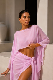 Batwing Sleeve Boat Neck Crop Blouse Tie Skirt Two-Piece Pink Transparent Set