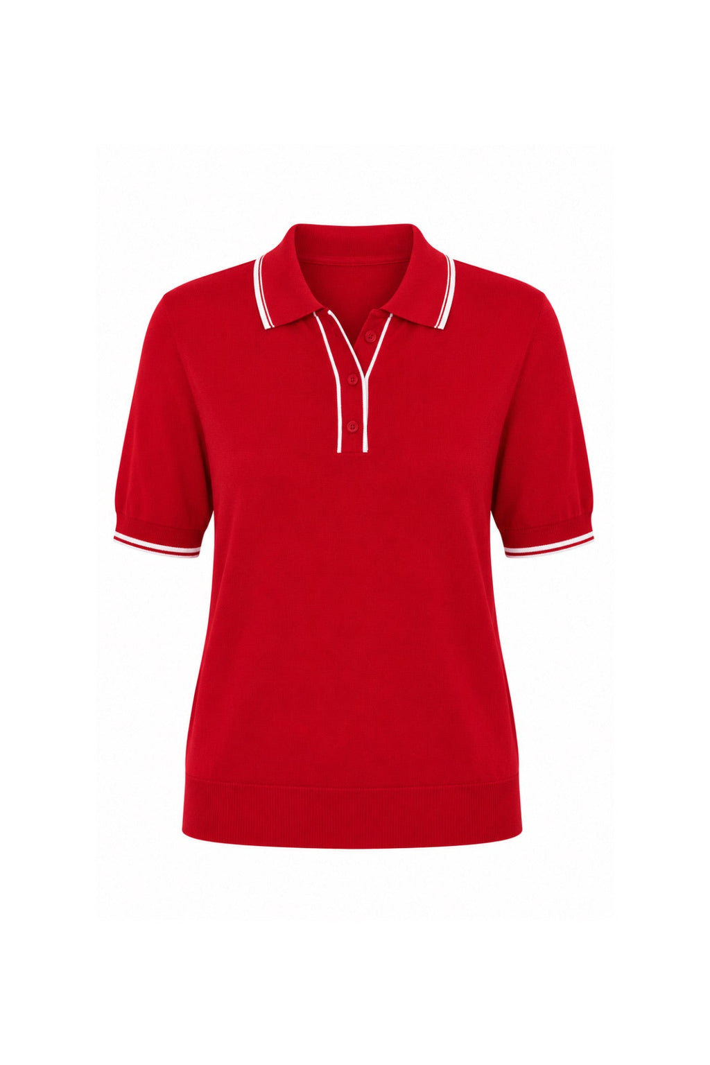 Stripe Detail Polo Neck Buttoned Red Knitted Blouse