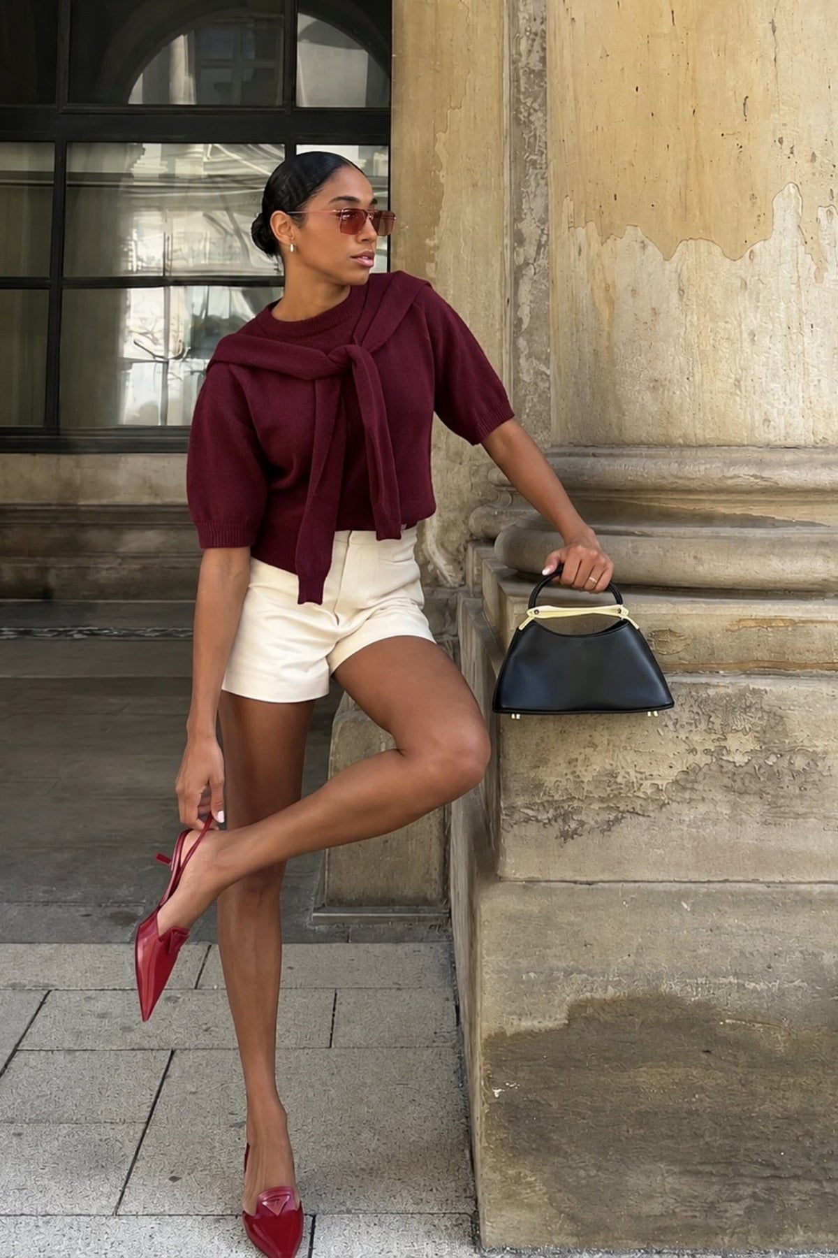 Shawl Detail Crew Neck Textured Burgundy Blouse