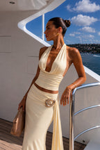 Cowl Neck Blouse Accessory Detail Maxi Skirt Two-Piece Yellow Set