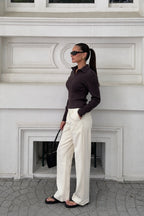 Fermuar Detail Fitted Waist Polo Collar Brown Blouse