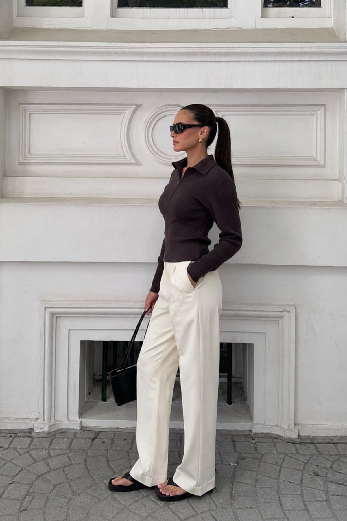 Fermuar Detail Fitted Waist Polo Collar Brown Blouse