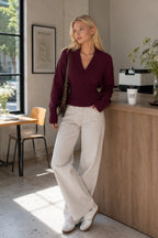 V-Neck Waist Fit Claret Red Knitwear Sweater